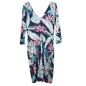 Fashion Nova 2XL Deep V Neck Long Sleeve  Stretch Blue Dress Floral Print